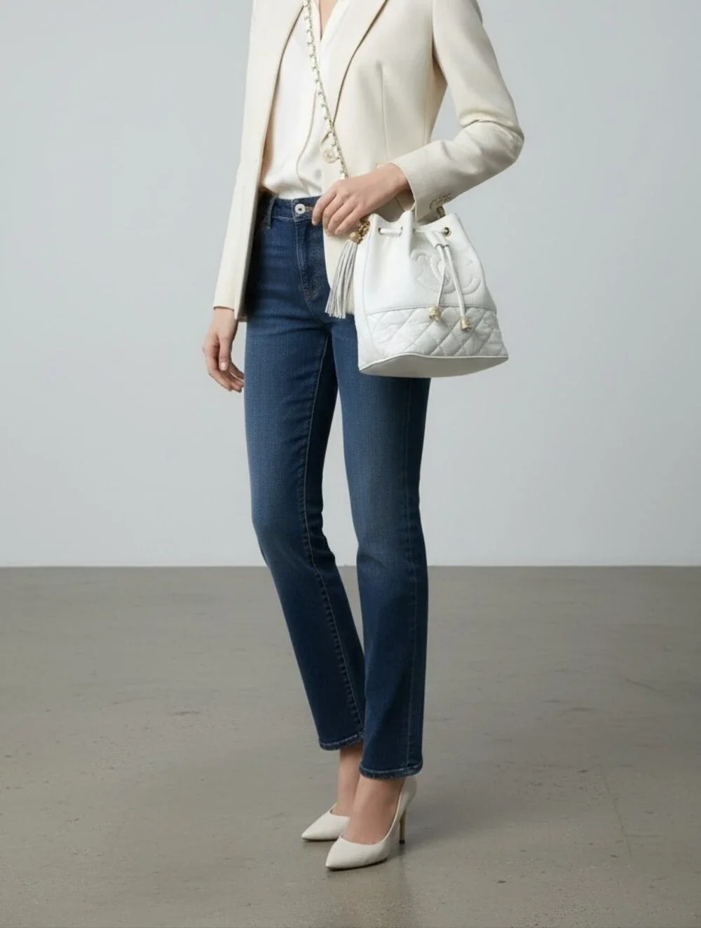 CHANEL Cream Quilted Leather Drawstring Bucket Bag with Chain Strap